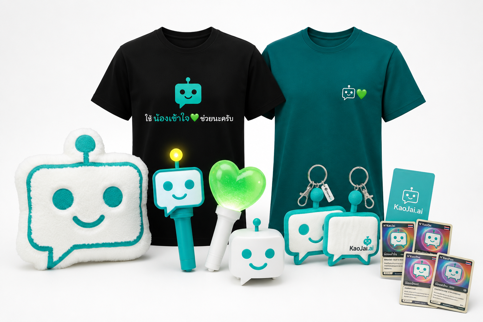KaoJai.ai merchandise collection with tees, pillow, keychains, and trading cards